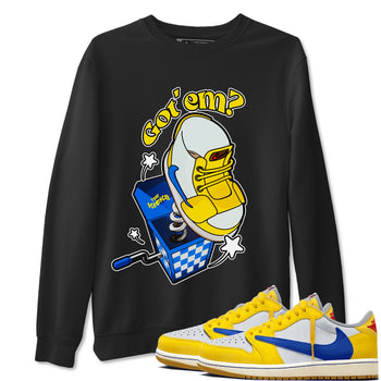 1s Travis Scott Canary shirt to match jordans Shoe In The Box sneaker tees Air Jordan 1 Travis Scott Canary SNRT Sneaker Release Tees unisex cotton Black 1 crew neck shirt