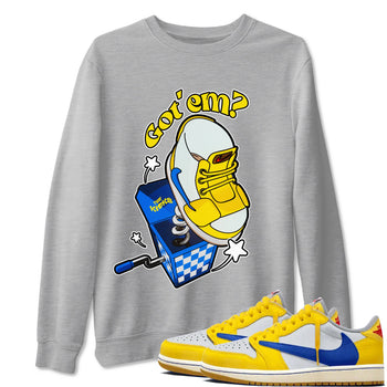 1s Travis Scott Canary shirt to match jordans Shoe In The Box sneaker tees Air Jordan 1 Travis Scott Canary SNRT Sneaker Release Tees unisex cotton Heather Grey 1 crew neck shirt