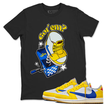 1s Travis Scott Canary shirt to match jordans Shoe In The Box sneaker tees Air Jordan 1 Travis Scott Canary SNRT Sneaker Release Tees unisex cotton Black 1 crew neck shirt