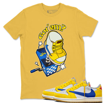1s Travis Scott Canary shirt to match jordans Shoe In The Box sneaker tees Air Jordan 1 Travis Scott Canary SNRT Sneaker Release Tees unisex cotton Daisy 1 crew neck shirt