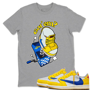 1s Travis Scott Canary shirt to match jordans Shoe In The Box sneaker tees Air Jordan 1 Travis Scott Canary SNRT Sneaker Release Tees unisex cotton Heather Grey 1 crew neck shirt