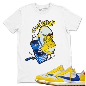 1s Travis Scott Canary shirt to match jordans Shoe In The Box sneaker tees Air Jordan 1 Travis Scott Canary SNRT Sneaker Release Tees unisex cotton White 1 crew neck shirt