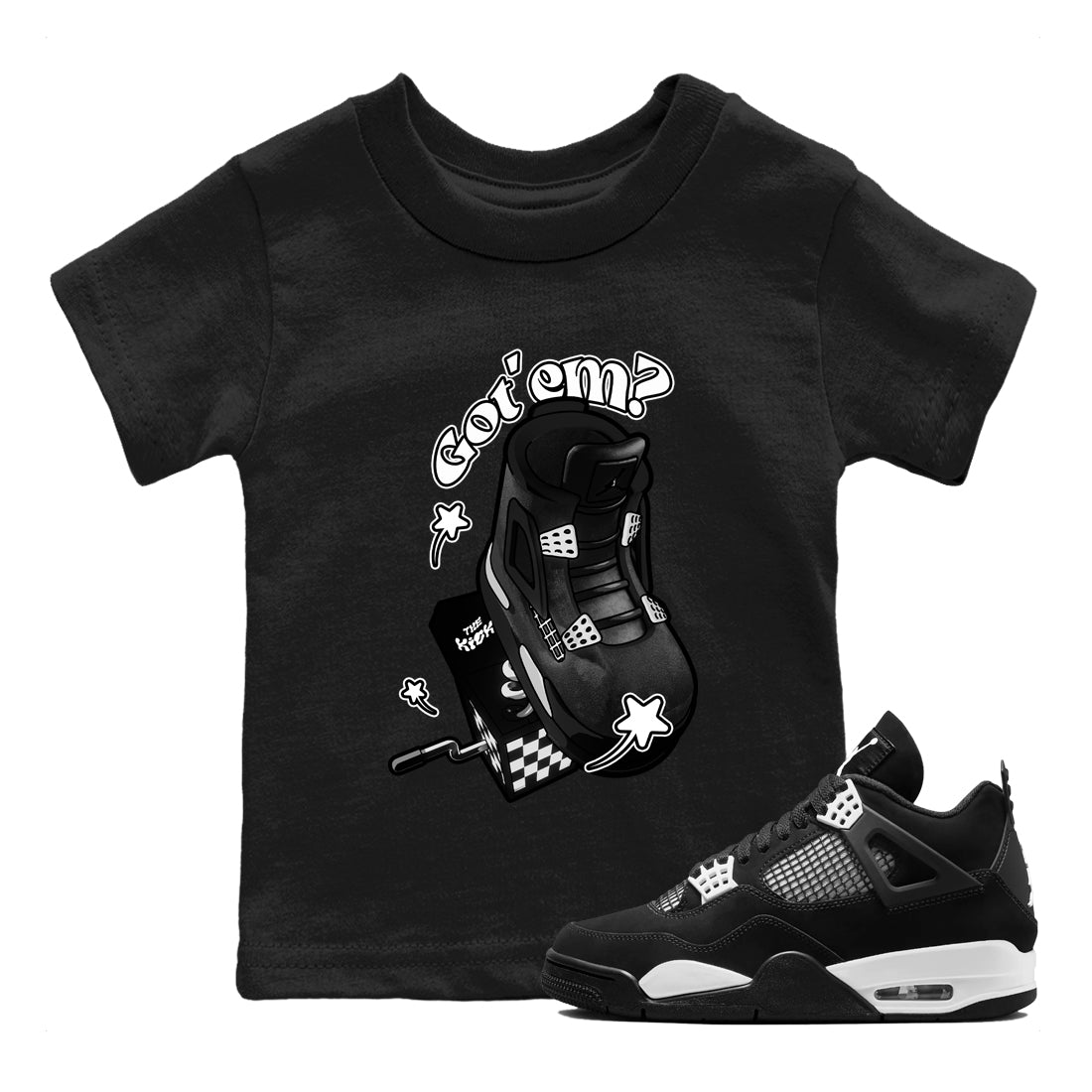 4s White Thunder shirts to match jordans Shoe In The Box sneaker match tees Air Jordan 4 White Thunder SNRT Sneaker Release Tees Youth Baby Black 1 crew neck shirts