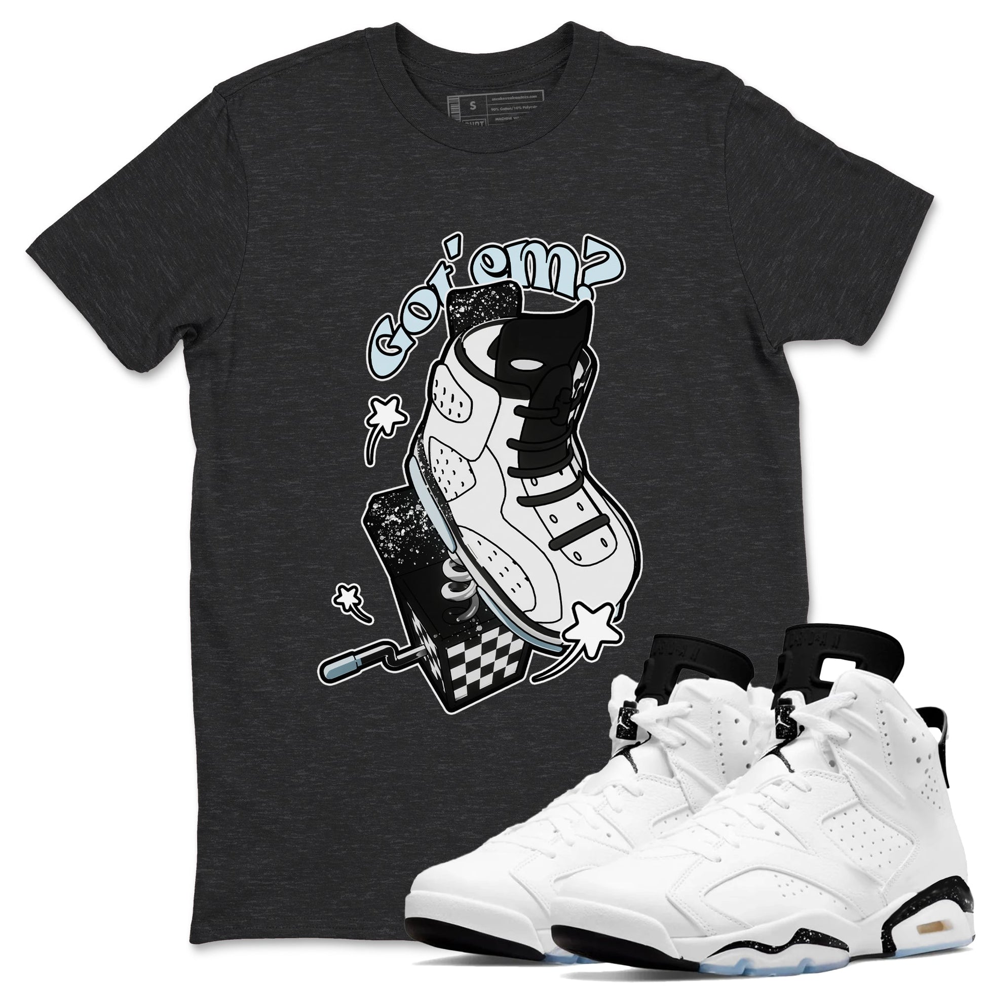 AJ6 White Black shirts to match jordans Shoe In The Box sneaker match tees Air Jordan 6 White Black SNRT Sneaker Tees streetwear brand Charcoal Heather 1 unisex cotton tee