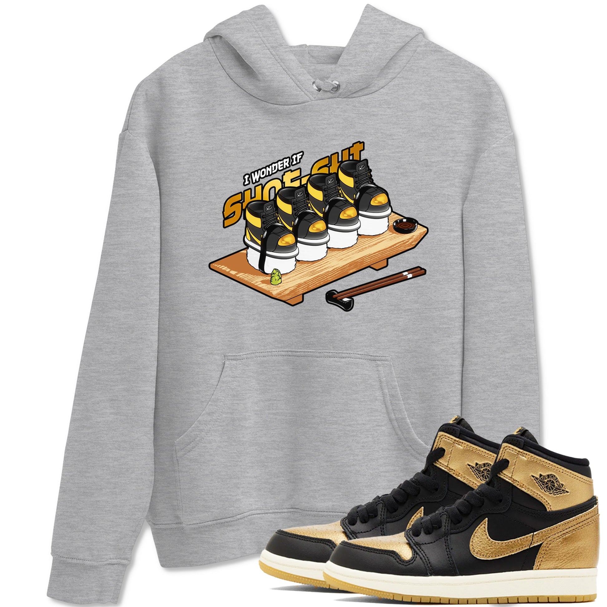 1s Black Metallic Gold shirts to match jordans Shoe-Shi sneaker match tees Jordan 1 High OG Black and Gold SNRT Sneaker Tees streetwear brand Heather Grey 1 unisex cotton tee