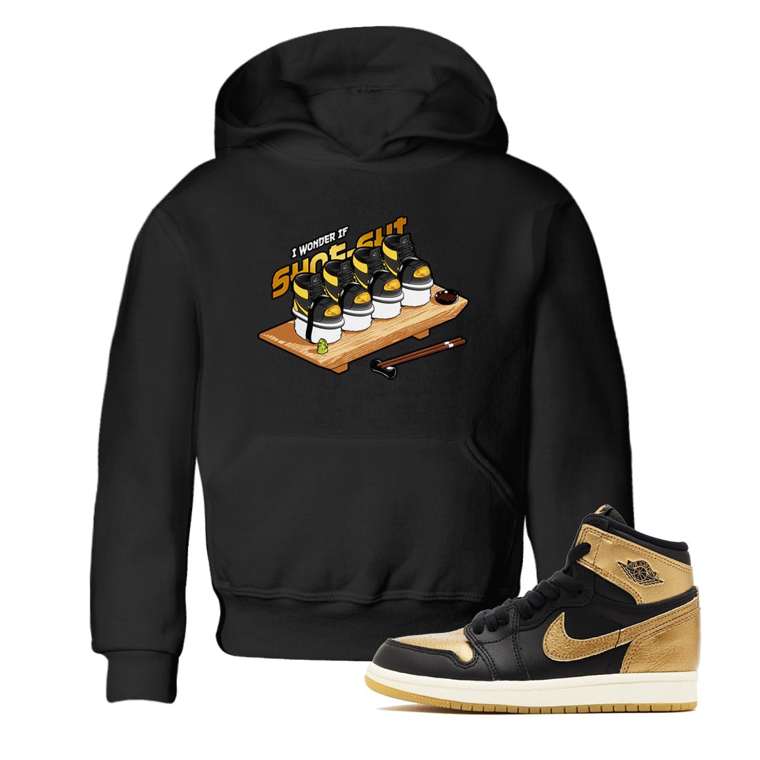 1s Black Metallic Gold shirts to match jordans Shoe-Shi sneaker match tees Jordan 1 High OG Black and Gold SNRT Sneaker Tees streetwear brand Baby and Youth Black 1 cotton tee