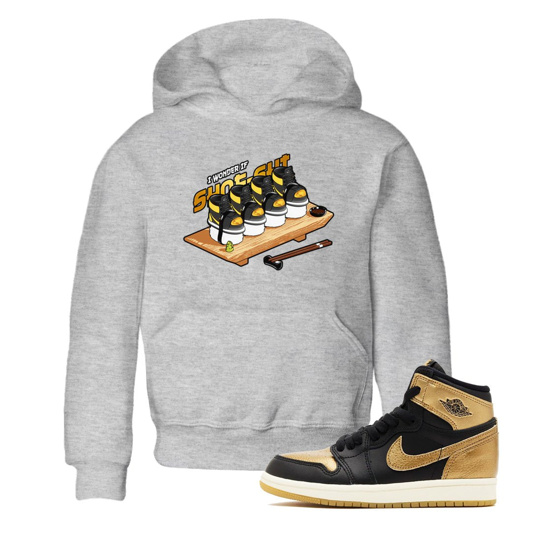 1s Black Metallic Gold shirts to match jordans Shoe-Shi sneaker match tees Jordan 1 High OG Black and Gold SNRT Sneaker Tees streetwear brand Baby and Youth Heather Grey 1 cotton tee