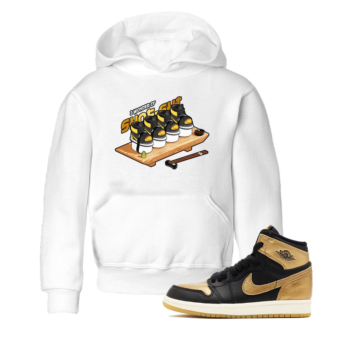 1s Black Metallic Gold shirts to match jordans Shoe-Shi sneaker match tees Jordan 1 High OG Black and Gold SNRT Sneaker Tees streetwear brand Baby and Youth White 1 cotton tee