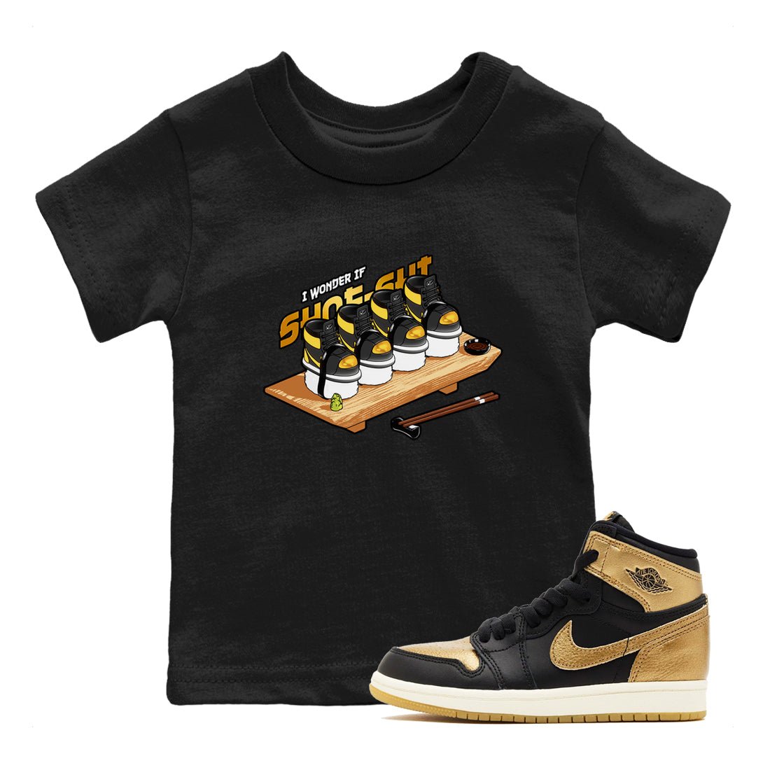 1s Black Metallic Gold shirts to match jordans Shoe-Shi sneaker match tees Jordan 1 High OG Black and Gold SNRT Sneaker Tees streetwear brand Baby and Youth Black 1 cotton tee