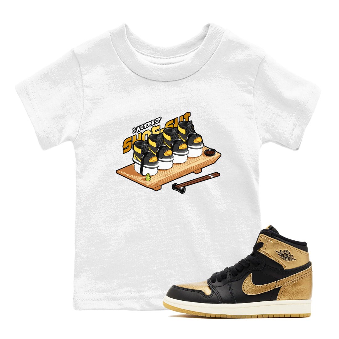 1s Black Metallic Gold shirts to match jordans Shoe-Shi sneaker match tees Jordan 1 High OG Black and Gold SNRT Sneaker Tees streetwear brand Baby and Youth White 1 cotton tee