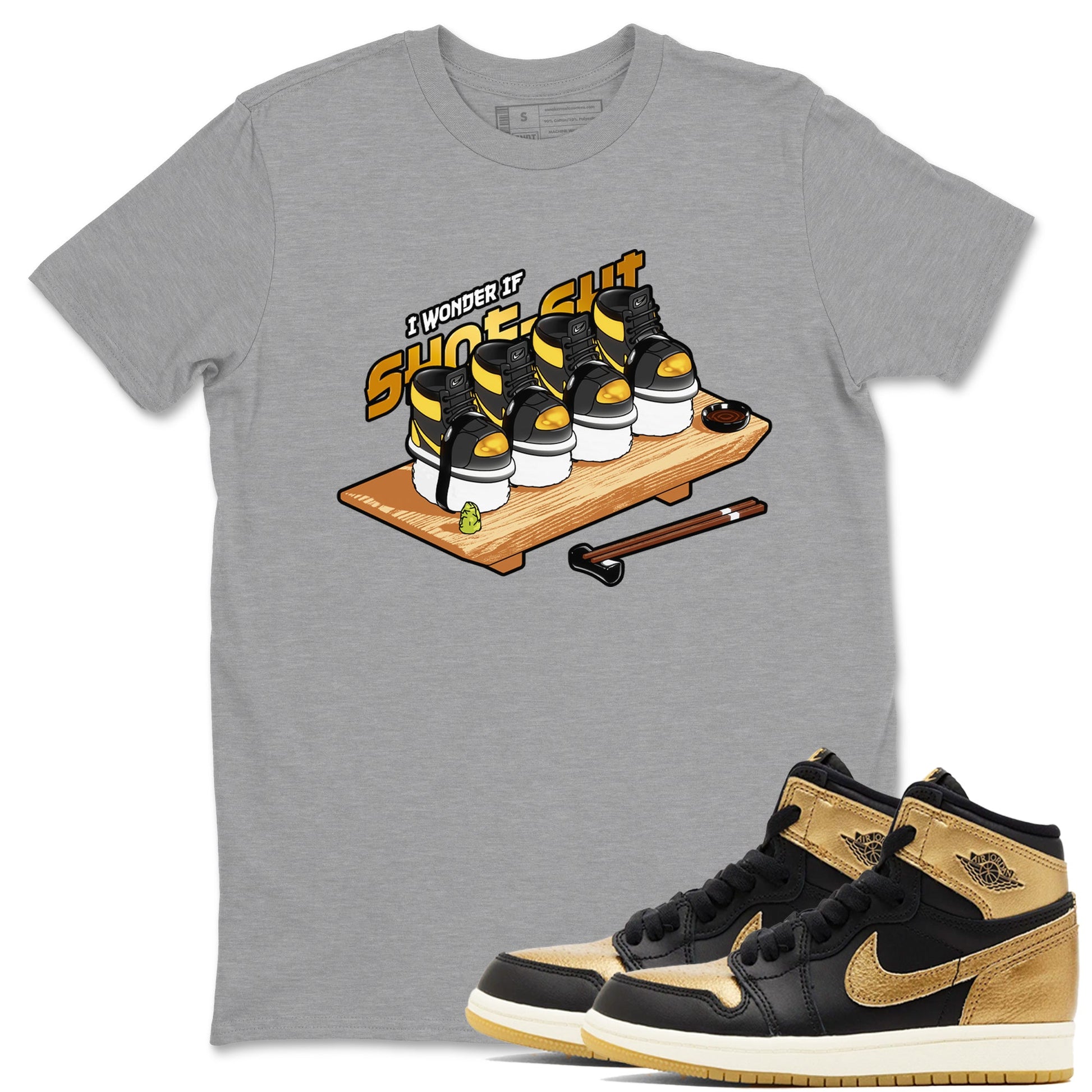 1s Black Metallic Gold shirts to match jordans Shoe-Shi sneaker match tees Jordan 1 High OG Black and Gold SNRT Sneaker Tees streetwear brand Heather Grey 1 unisex cotton tee