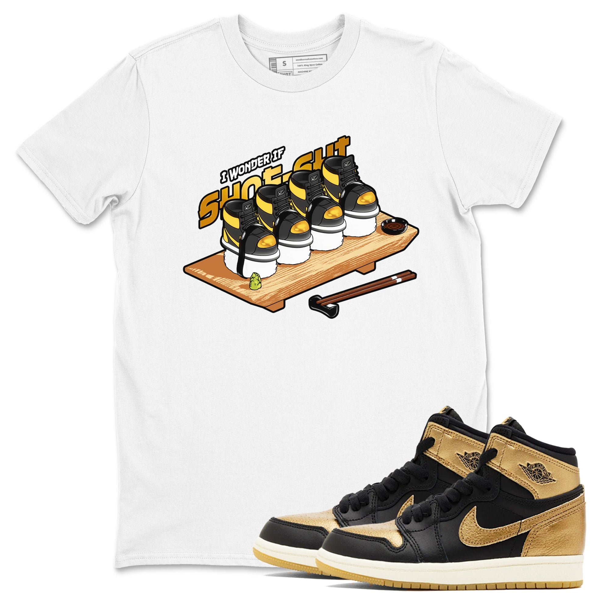 1s Black Metallic Gold shirts to match jordans Shoe-Shi sneaker match tees Jordan 1 High OG Black and Gold SNRT Sneaker Tees streetwear brand White 1 unisex cotton tee