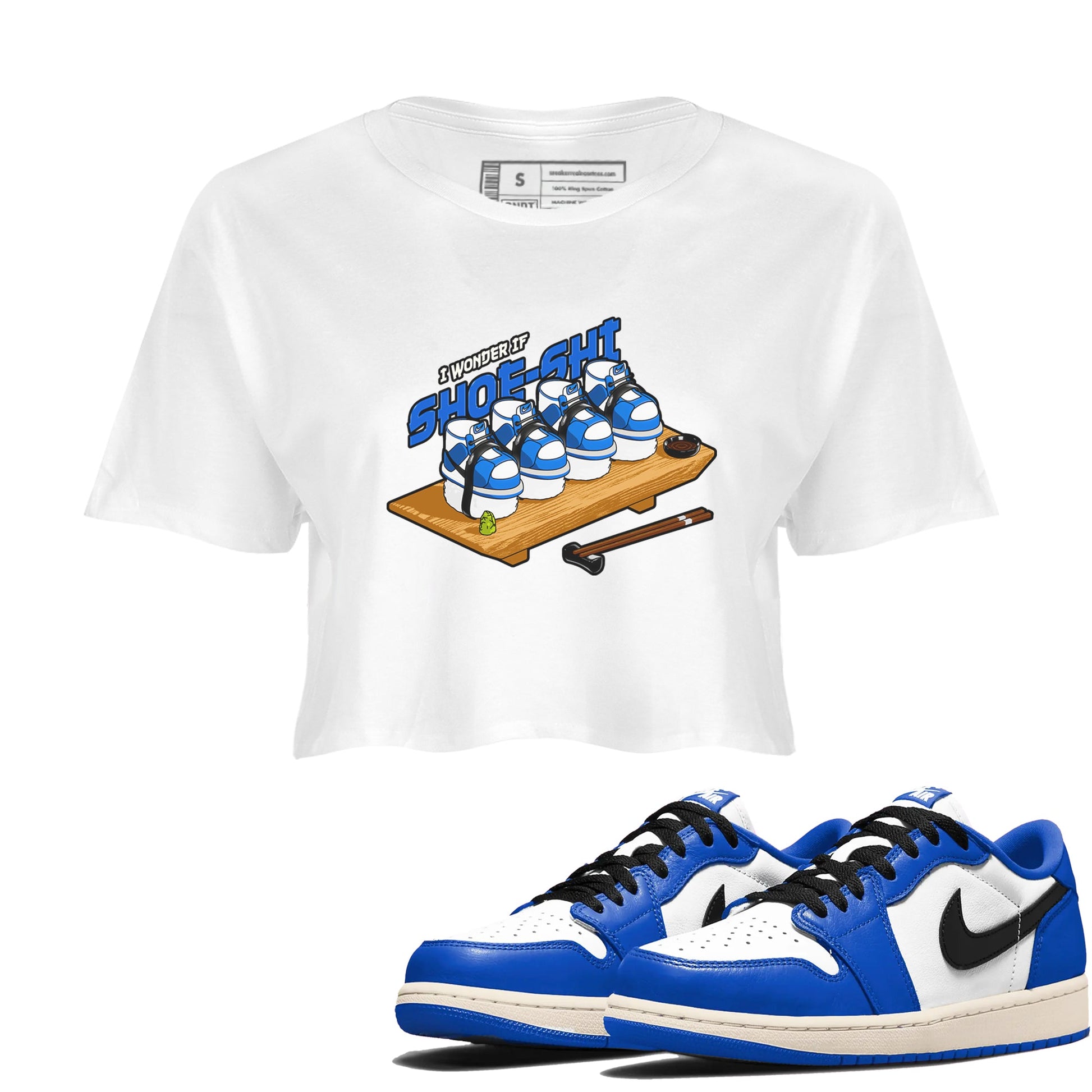 AJ1 Game Royal shirt to match jordans Shoe-Shi sneaker tees Air Jordan 1 Game Royal SNRT Sneaker Release Tees White 1 crop length shirt