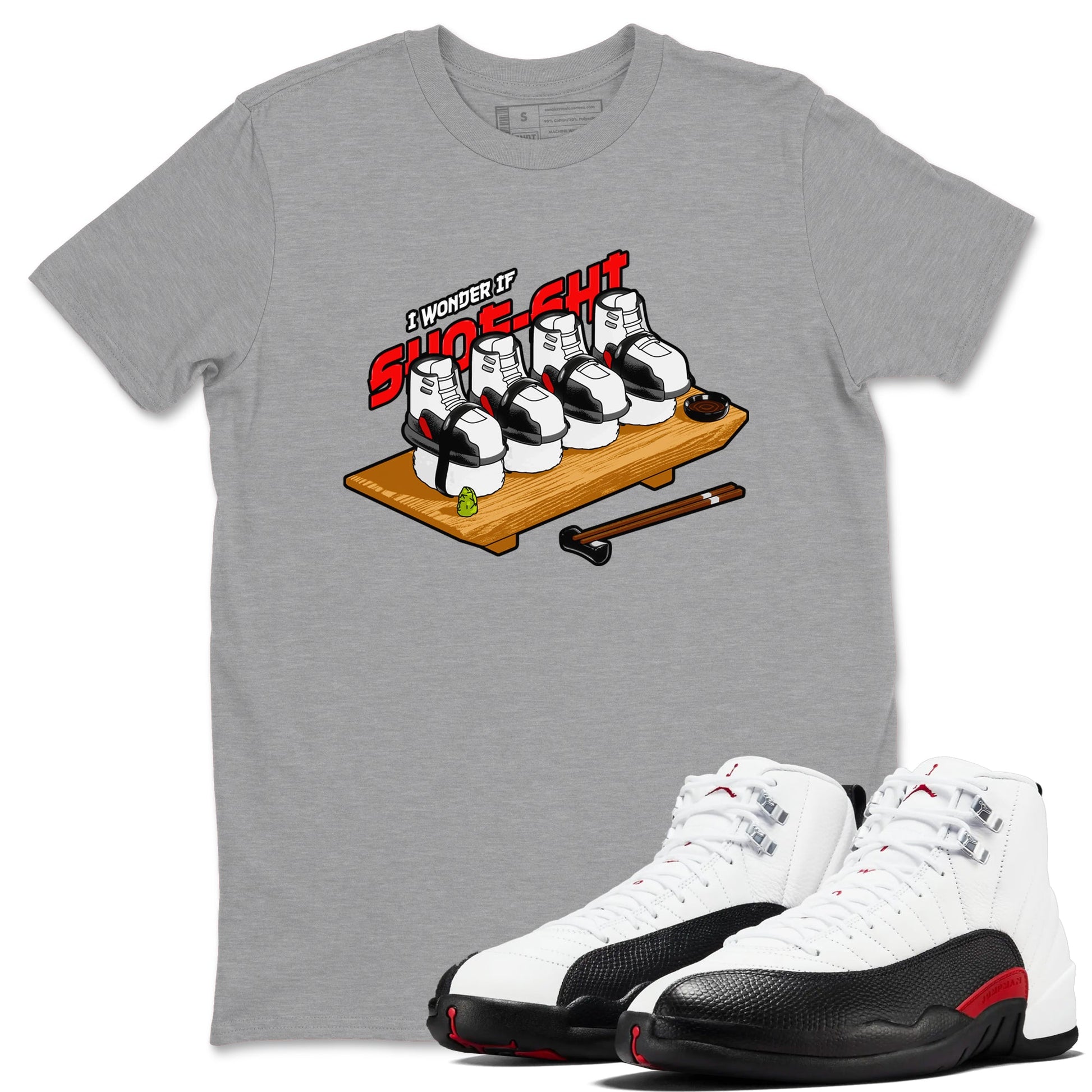 12s Taxi Flip shirts to match jordans Shoe-Shi sneaker match tees Air Jordan 12 Taxi Flip SNRT Sneaker Tees streetwear brand Heather Grey 1 unisex cotton tee