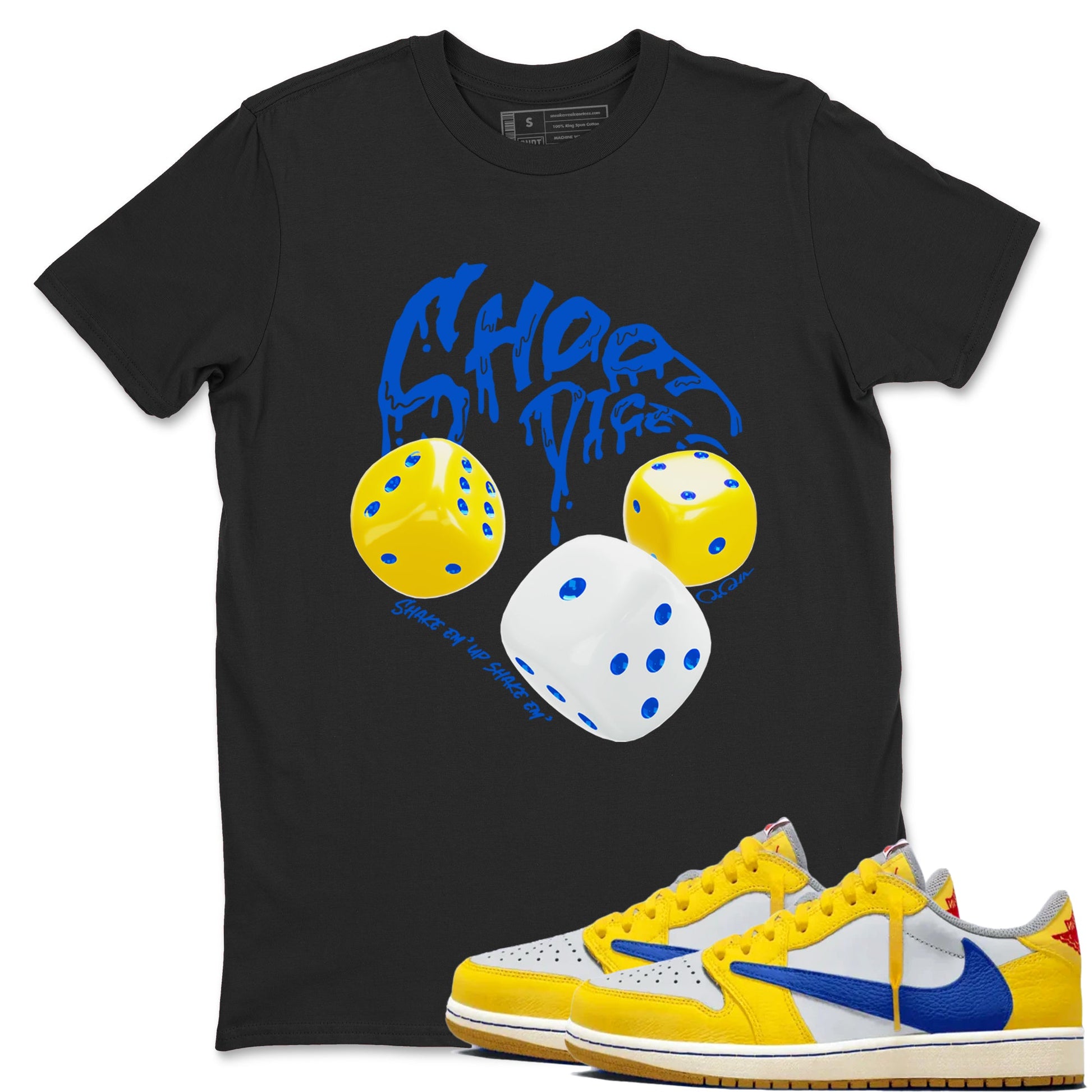 1s Travis Scott Canary shirt to match jordans Shoot Dice sneaker tees Air Jordan 1 Travis Scott Canary SNRT Sneaker Release Tees unisex cotton Black 1 crew neck shirt
