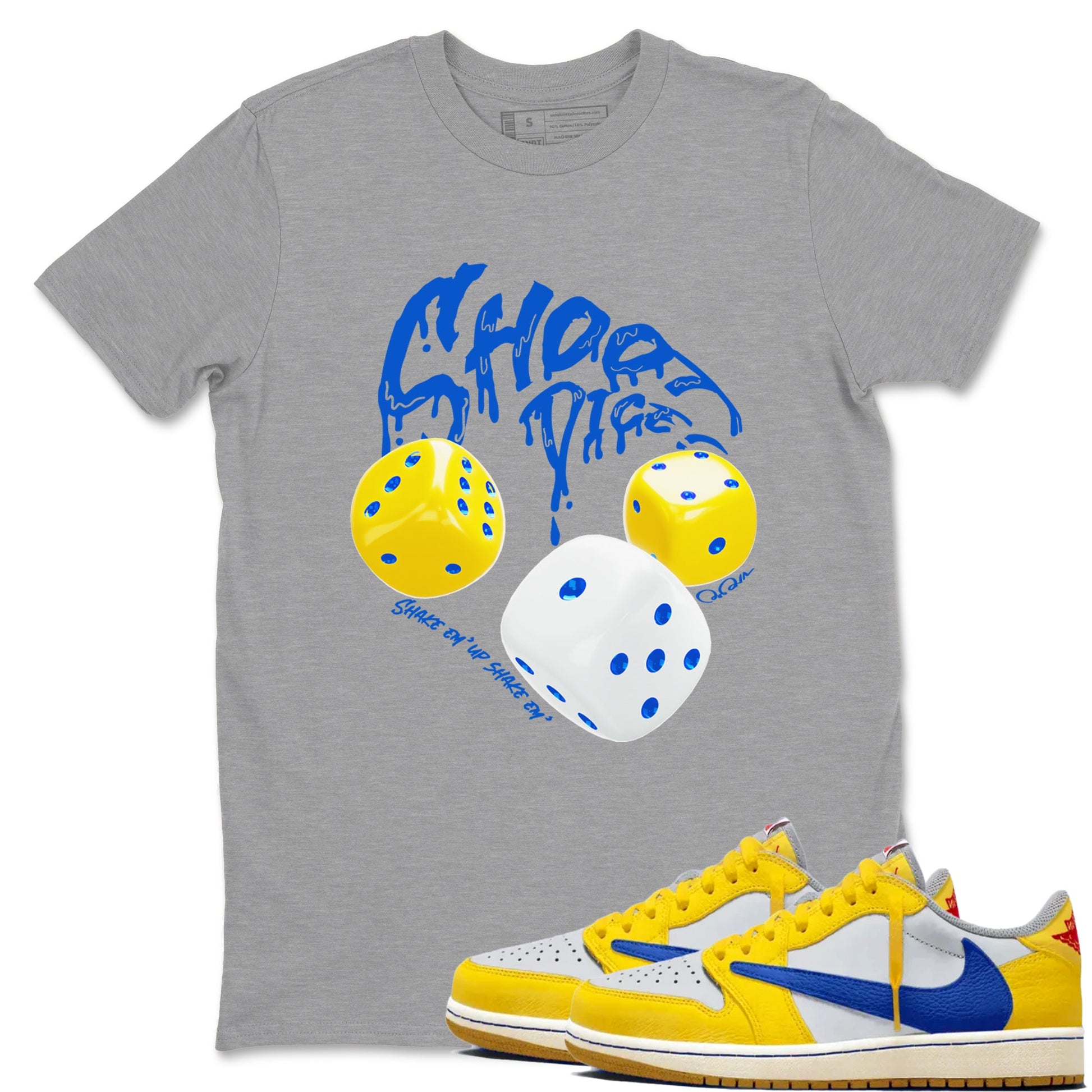 1s Travis Scott Canary shirt to match jordans Shoot Dice sneaker tees Air Jordan 1 Travis Scott Canary SNRT Sneaker Release Tees unisex cotton Heather Grey 1 crew neck shirt