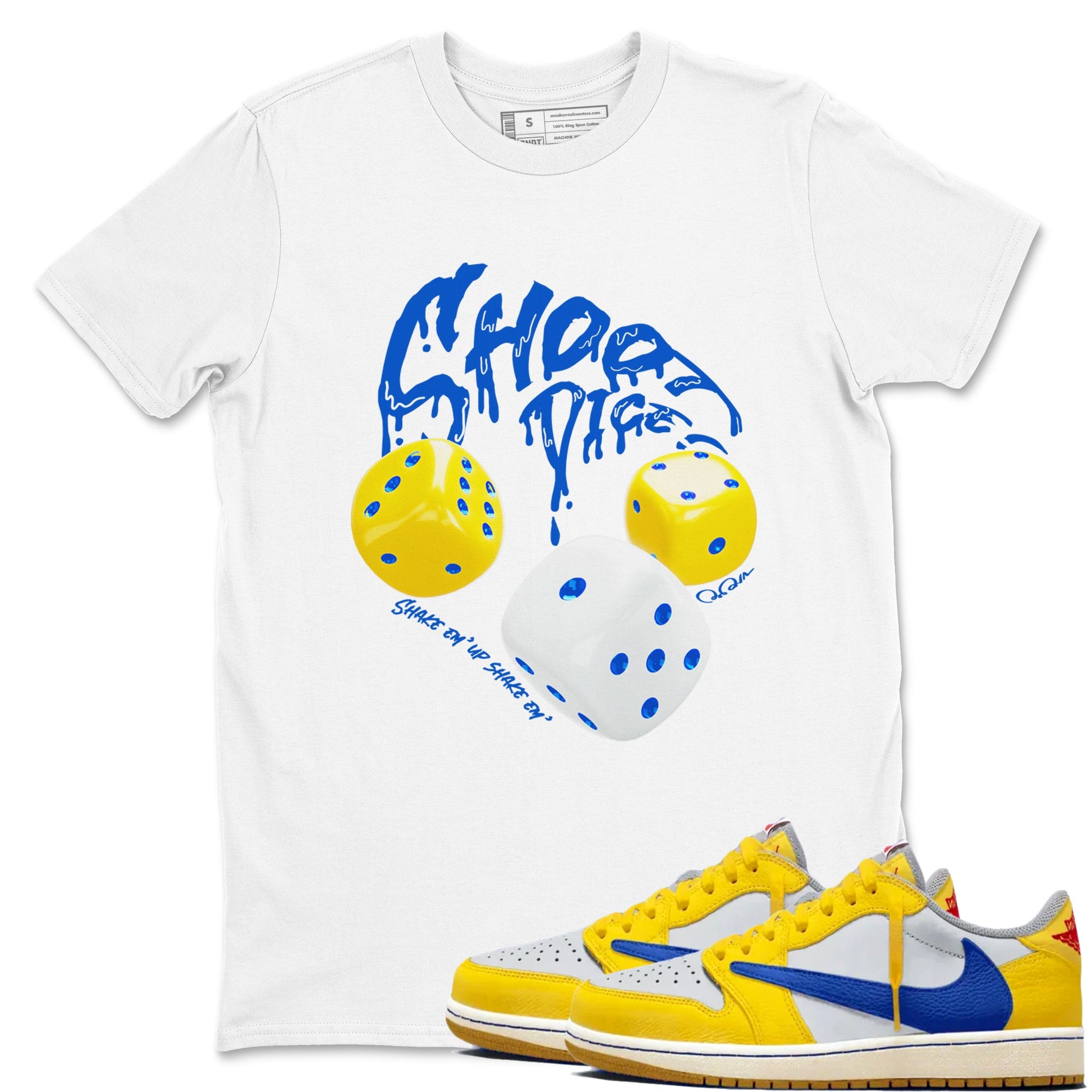 1s Travis Scott Canary shirt to match jordans Shoot Dice sneaker tees Air Jordan 1 Travis Scott Canary SNRT Sneaker Release Tees unisex cotton White 1 crew neck shirt