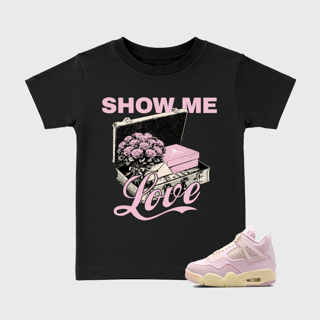 Sneaker match tees – Sneaker Tees To Match Air Jordan 4 Iced Carmine Shoes – Show Me Love Kids T-Shirt Black 1