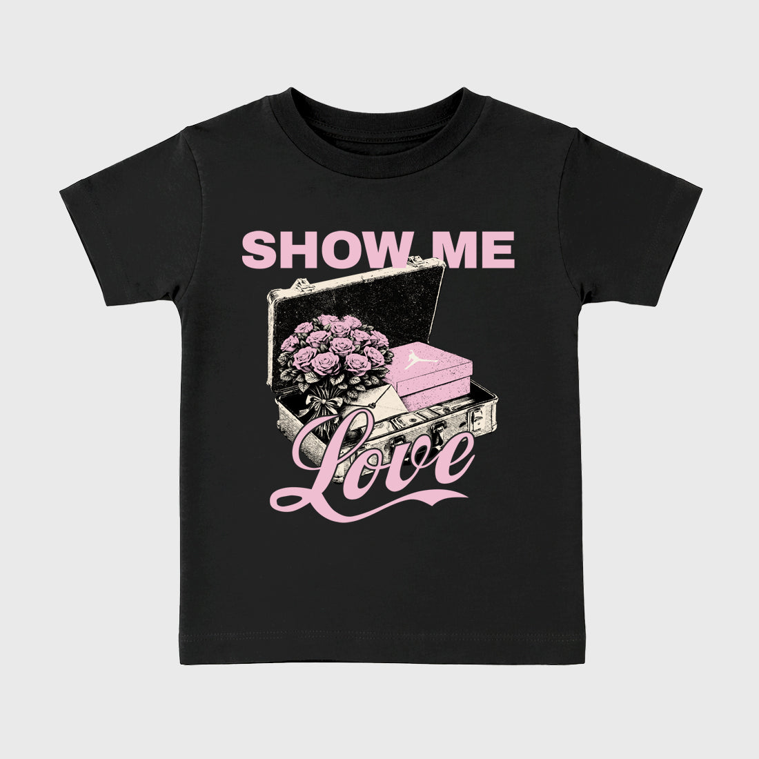 Sneaker match tees – Sneaker Tees To Match Air Jordan 4 Iced Carmine Shoes – Show Me Love Kids T-Shirt Black 2