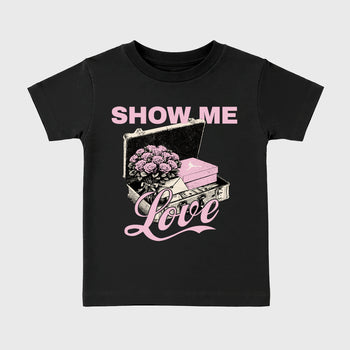 Sneaker match tees – Sneaker Tees To Match Air Jordan 4 Iced Carmine Shoes – Show Me Love Kids T-Shirt Black 2