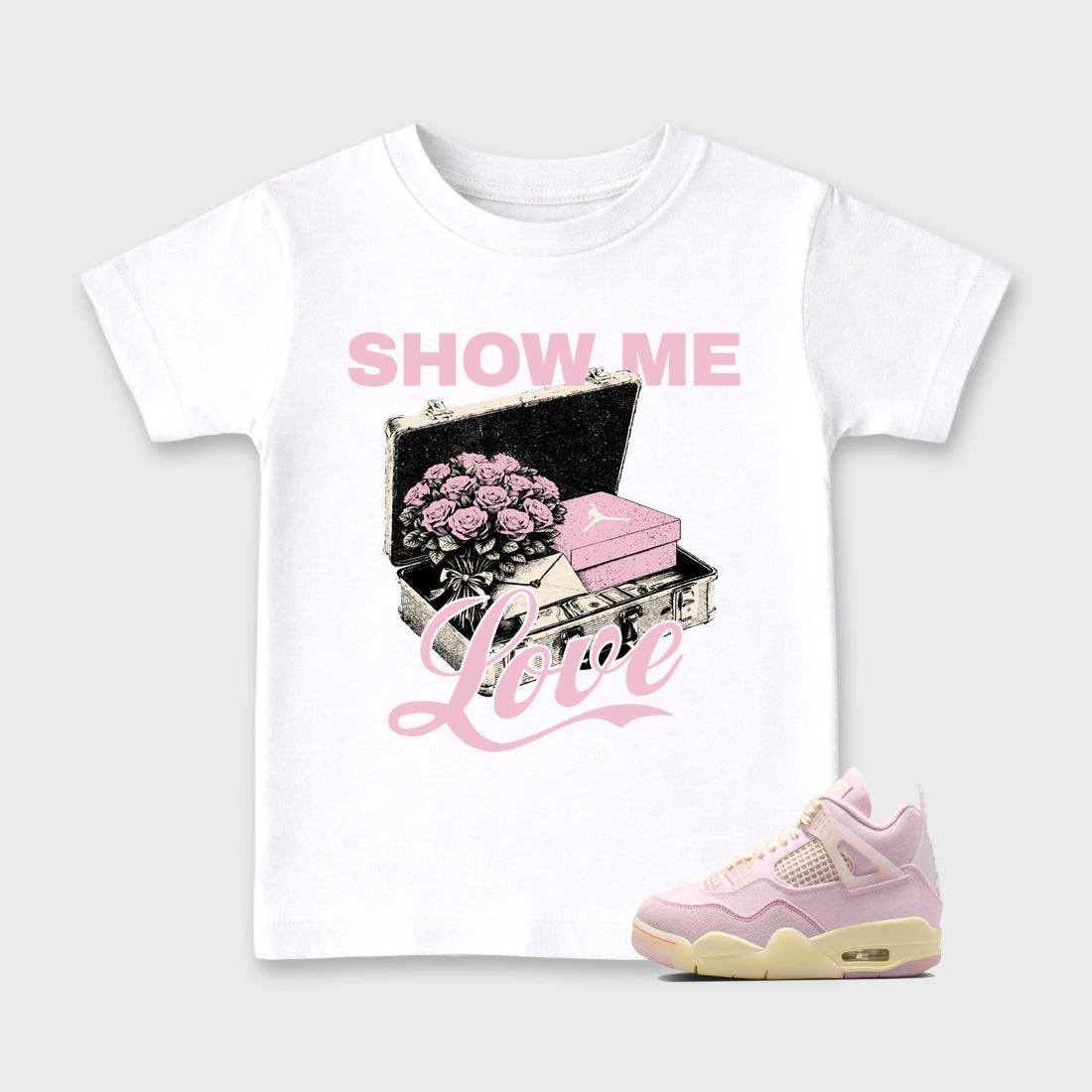 Sneaker match tees – Sneaker Tees To Match Air Jordan 4 Iced Carmine Shoes – Show Me Love Kids T-Shirt White 1