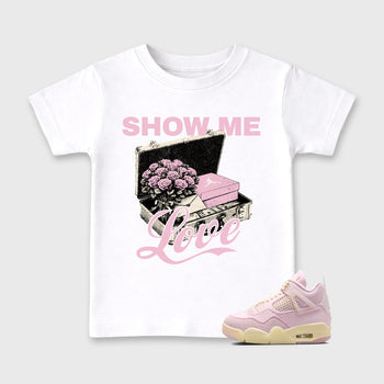 Sneaker match tees – Sneaker Tees To Match Air Jordan 4 Iced Carmine Shoes – Show Me Love Kids T-Shirt White 1