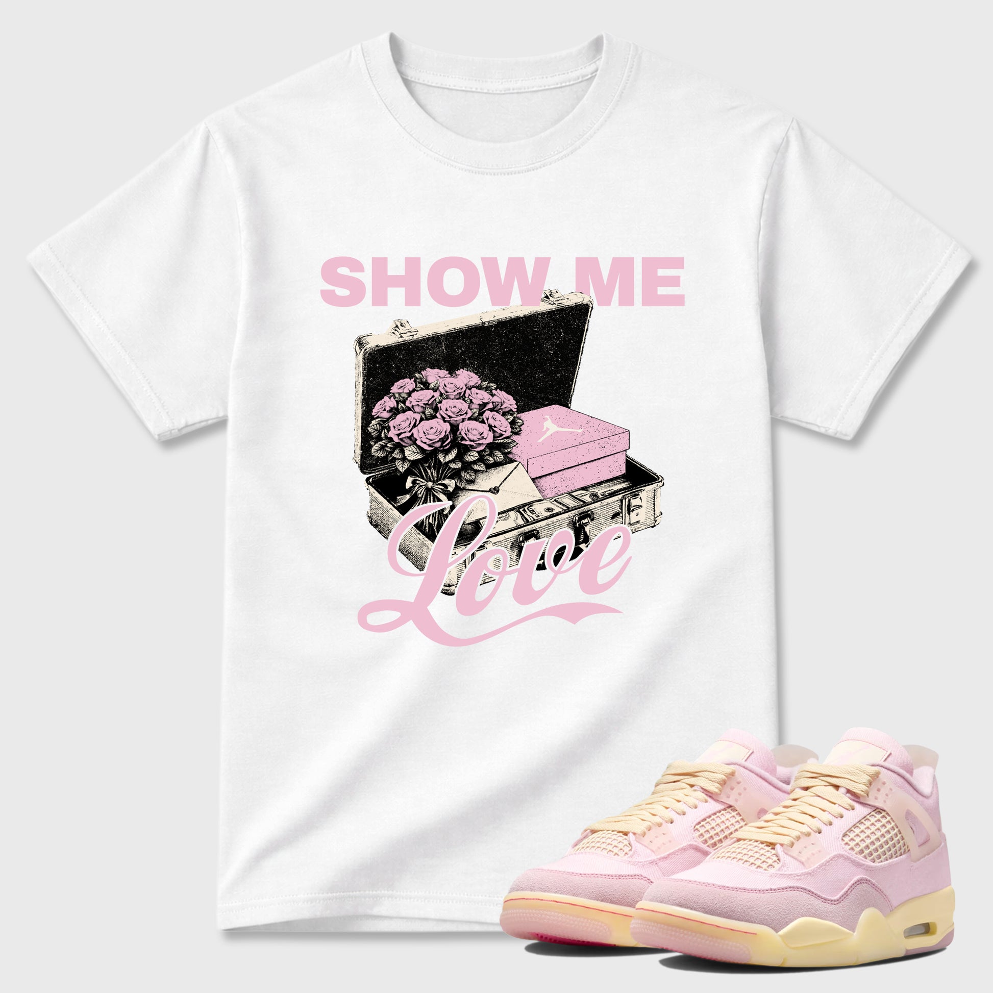 Sneaker match tees – Sneaker Tees To Match Air Jordan 4 Iced Carmine Shoes – Show Me Love Tee White 1