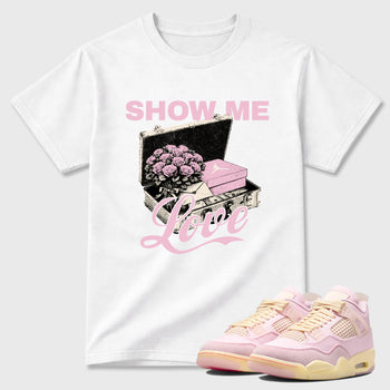 Sneaker match tees – Sneaker Tees To Match Air Jordan 4 Iced Carmine Shoes – Show Me Love Tee White 1