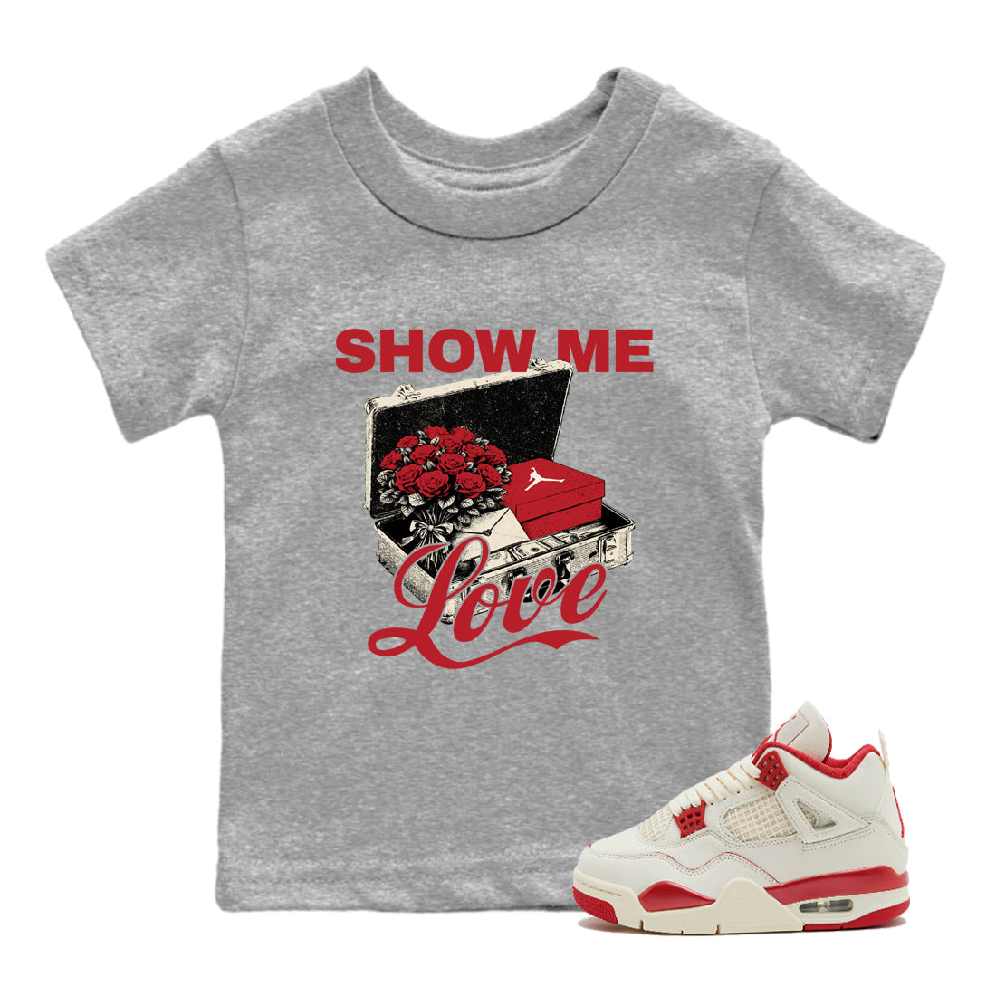 Best Sneakerfits graphic tee – Perfect Valentine's Day outfits to match Air Jordan 4 Valentines Day – Show Me Love Kids T-Shirt Heather Grey 1