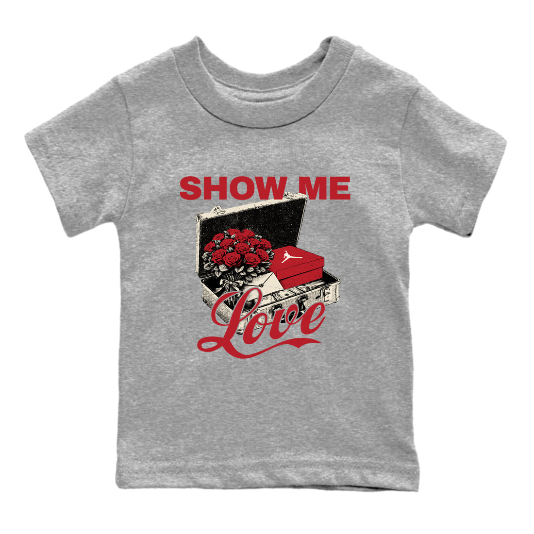 Best Sneakerfits graphic tee – Perfect Valentine's Day outfits to match Air Jordan 4 Valentines Day – Show Me Love Kids T-Shirt Heather Grey 2