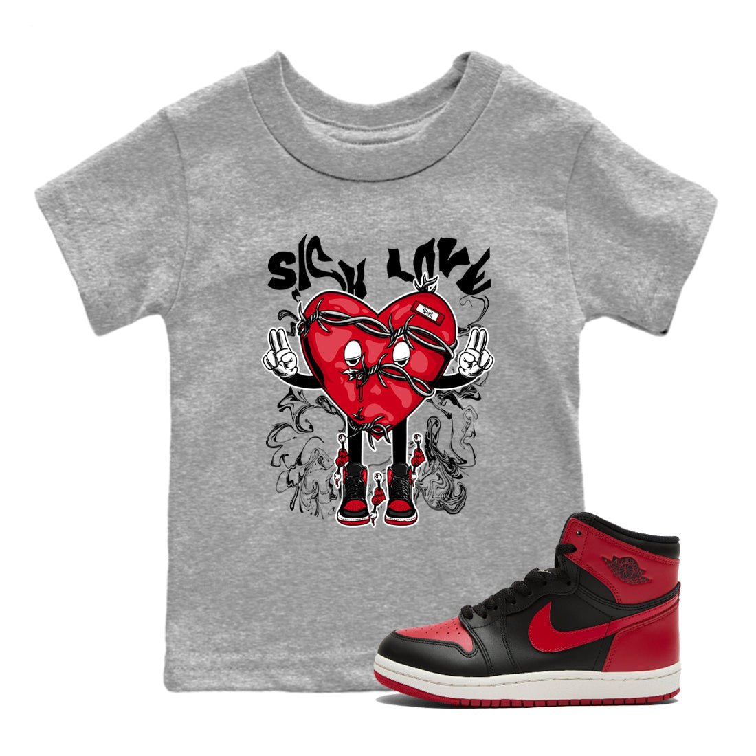 1s '85 Bred shirts to match jordans Sick Love best t shirts to wear with jordans AJ1 Retro High OG '85 Bred match shoes to clothes SNRT Sneaker Tees Youth Baby Heather Grey 1 tee
