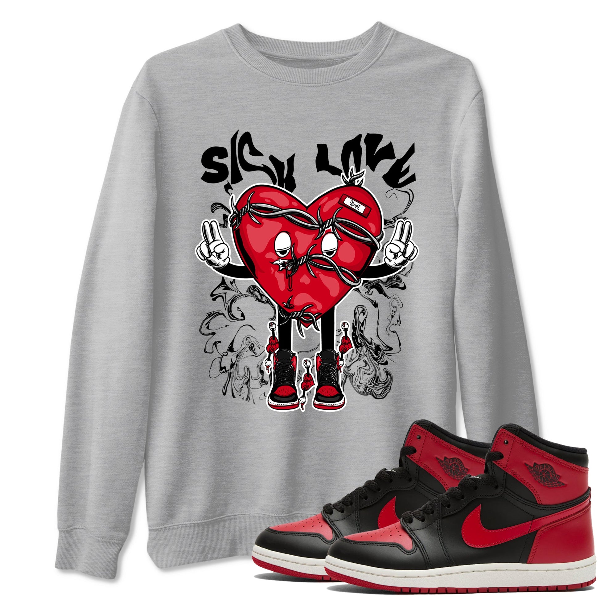 1s '85 Bred shirts to match jordans Sick Love best t shirts to wear with jordans AJ1 Retro High OG '85 Bred match shoes to clothes SNRT Sneaker Tees unisex cotton Heather Grey 1 shirts