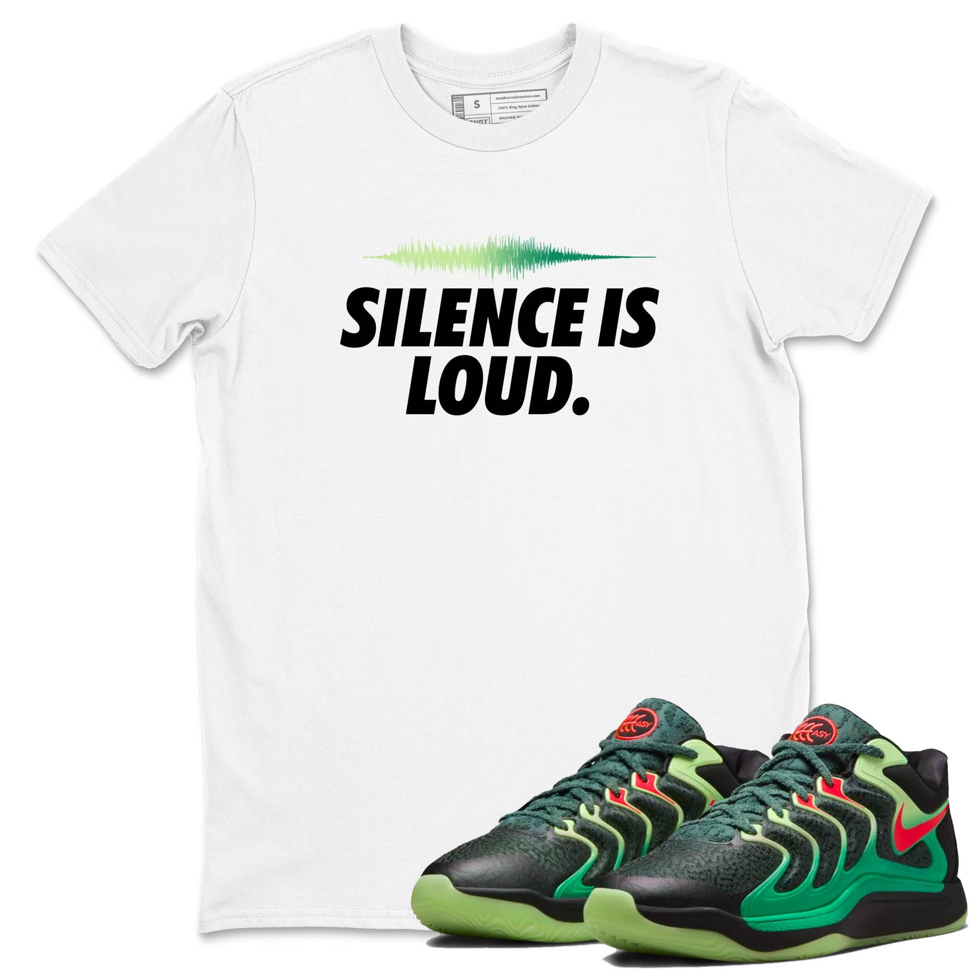 Sneaker Threads – Sneaker Tees To Match Nike KD 17 Easy Money Sniper – Silence Is Loud Graphic Tee White 1. Perfect for Jordan releases 2025 colorways. Perfect for Kevin Durant sneaker releases and Easy Money basketball colorways loved by hoopers in 2025.