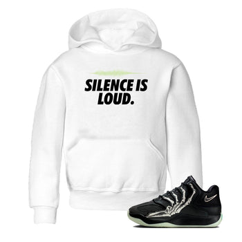 Sneaker Threads – Sneaker Tees To Match Nike KD 18 Halloween – Silence is Loud Youth Graphic Tee White 1. Perfect for Jordan releases 2025 colorways. Perfect for Kevin Durant sneaker releases and Halloween 2025 colorways.