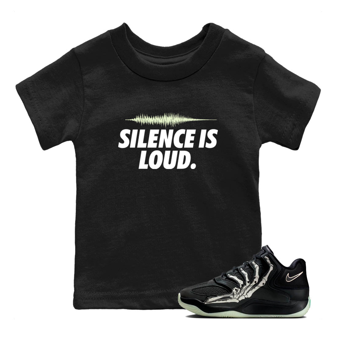 Sneaker Threads – Sneaker Tees To Match Nike KD 18 Halloween – Silence is Loud Youth Graphic Tee Black 1. Perfect for Jordan releases 2025 colorways. Perfect for Kevin Durant sneaker releases and Halloween 2025 colorways.
