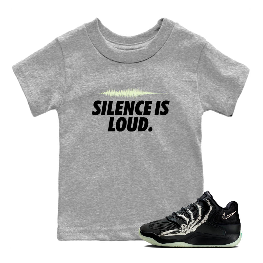 Sneaker Threads – Sneaker Tees To Match Nike KD 18 Halloween – Silence is Loud Youth Graphic Tee Heather Grey 1. Perfect for Jordan releases 2025 colorways. Perfect for Kevin Durant sneaker releases and Halloween 2025 colorways.