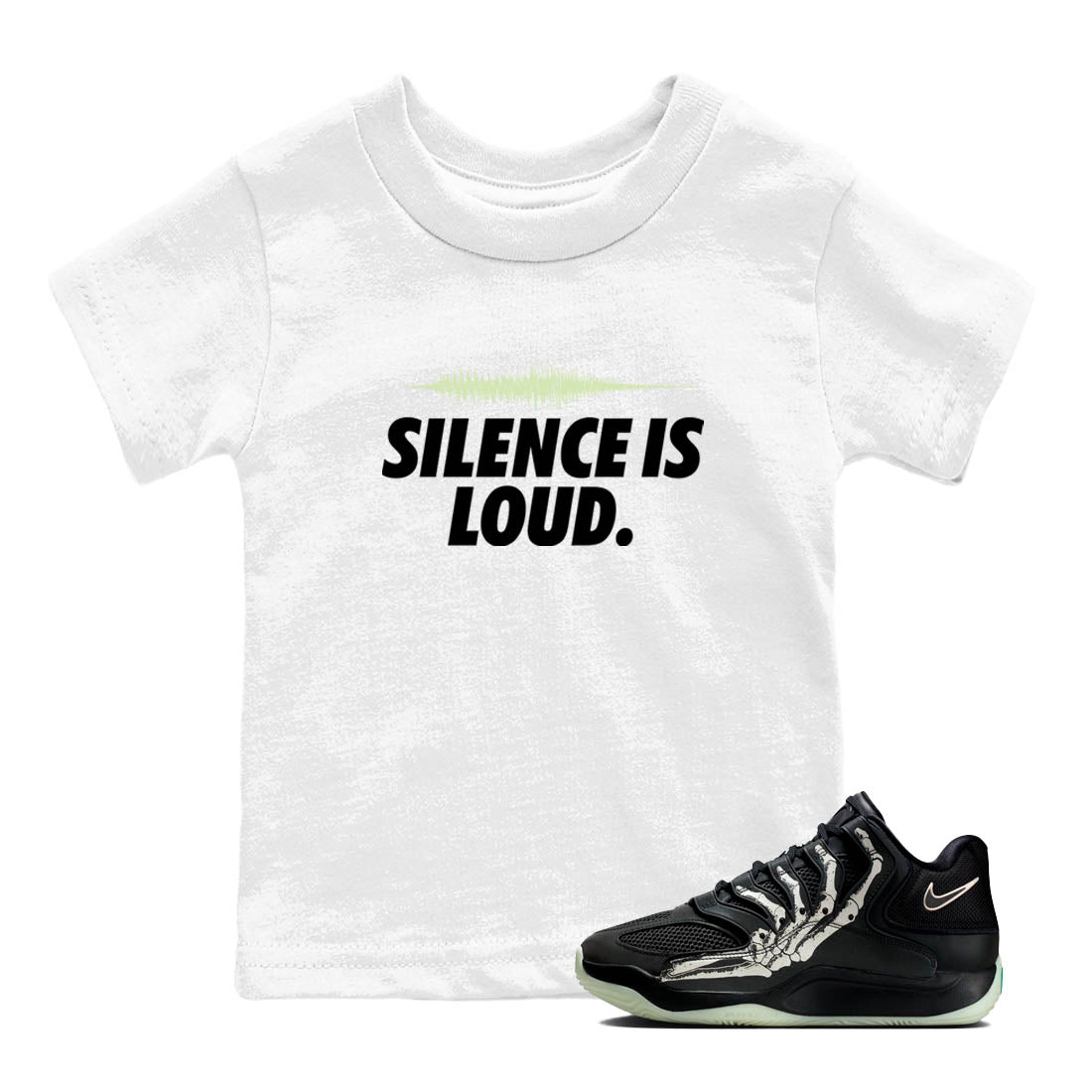 Sneaker Threads – Sneaker Tees To Match Nike KD 18 Halloween – Silence is Loud Youth Graphic Tee White 1. Perfect for Jordan releases 2025 colorways. Perfect for Kevin Durant sneaker releases and Halloween 2025 colorways.