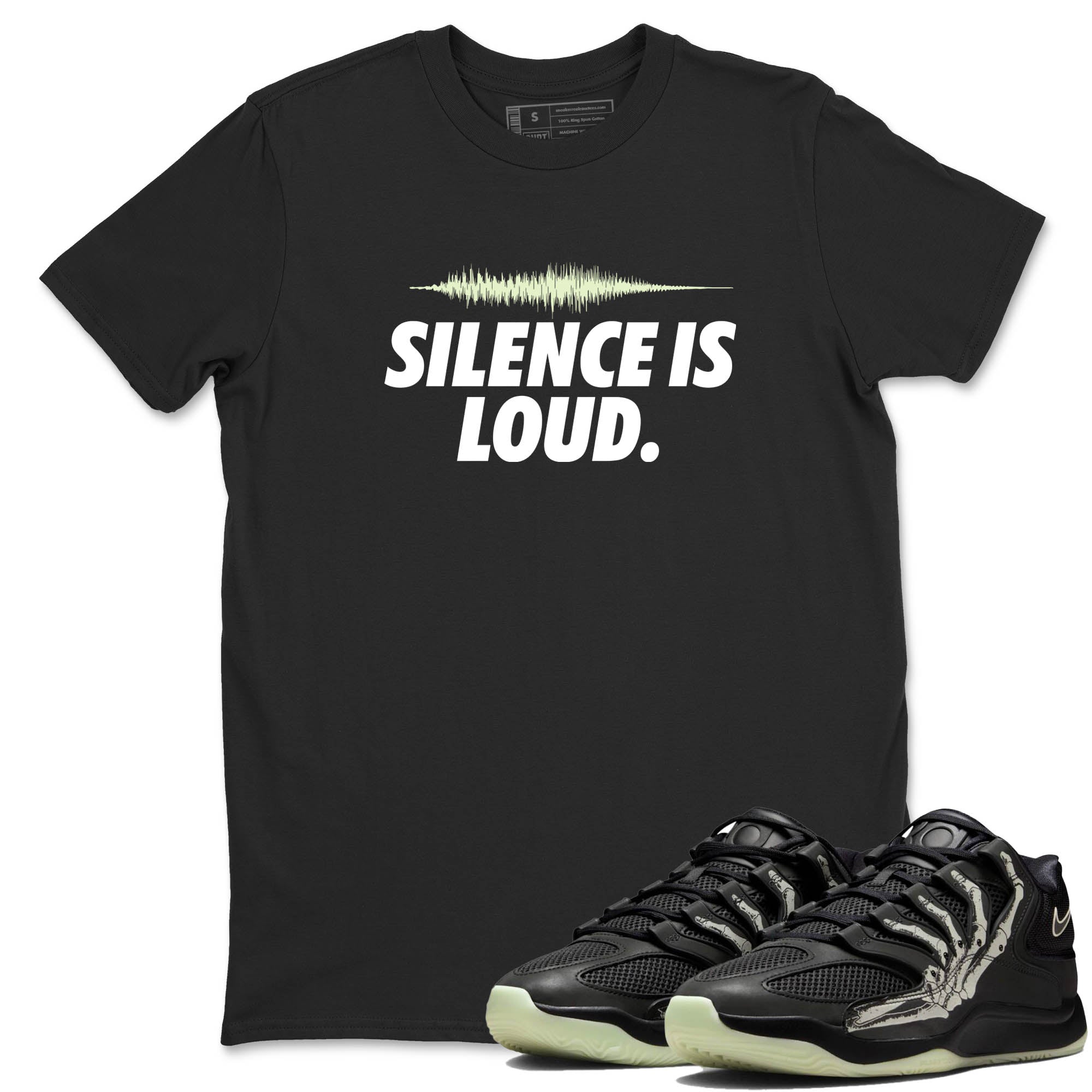 Sneaker Threads – Sneaker Tees To Match Nike KD 18 Halloween – Silence is Loud Graphic Tee Black 1. Perfect for Jordan releases 2025 colorways. Perfect for Kevin Durant sneaker releases and Halloween 2025 colorways.