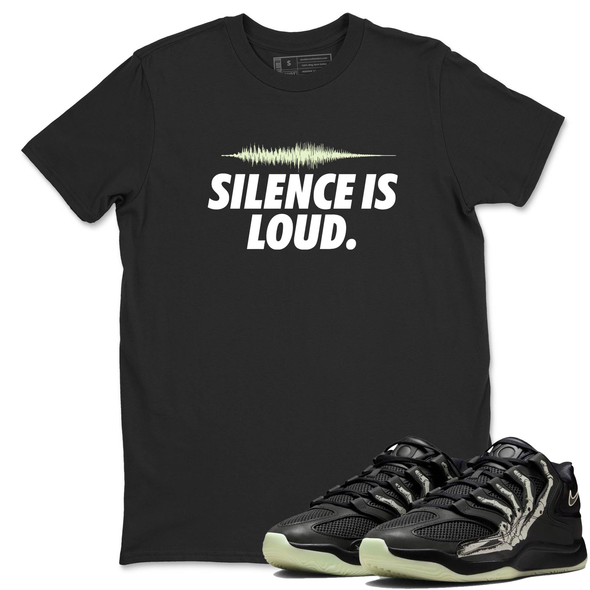 Sneaker Threads – Sneaker Tees To Match Nike KD 18 Halloween – Silence is Loud Graphic Tee Black 1. Perfect for Jordan releases 2025 colorways. Perfect for Kevin Durant sneaker releases and Halloween 2025 colorways.