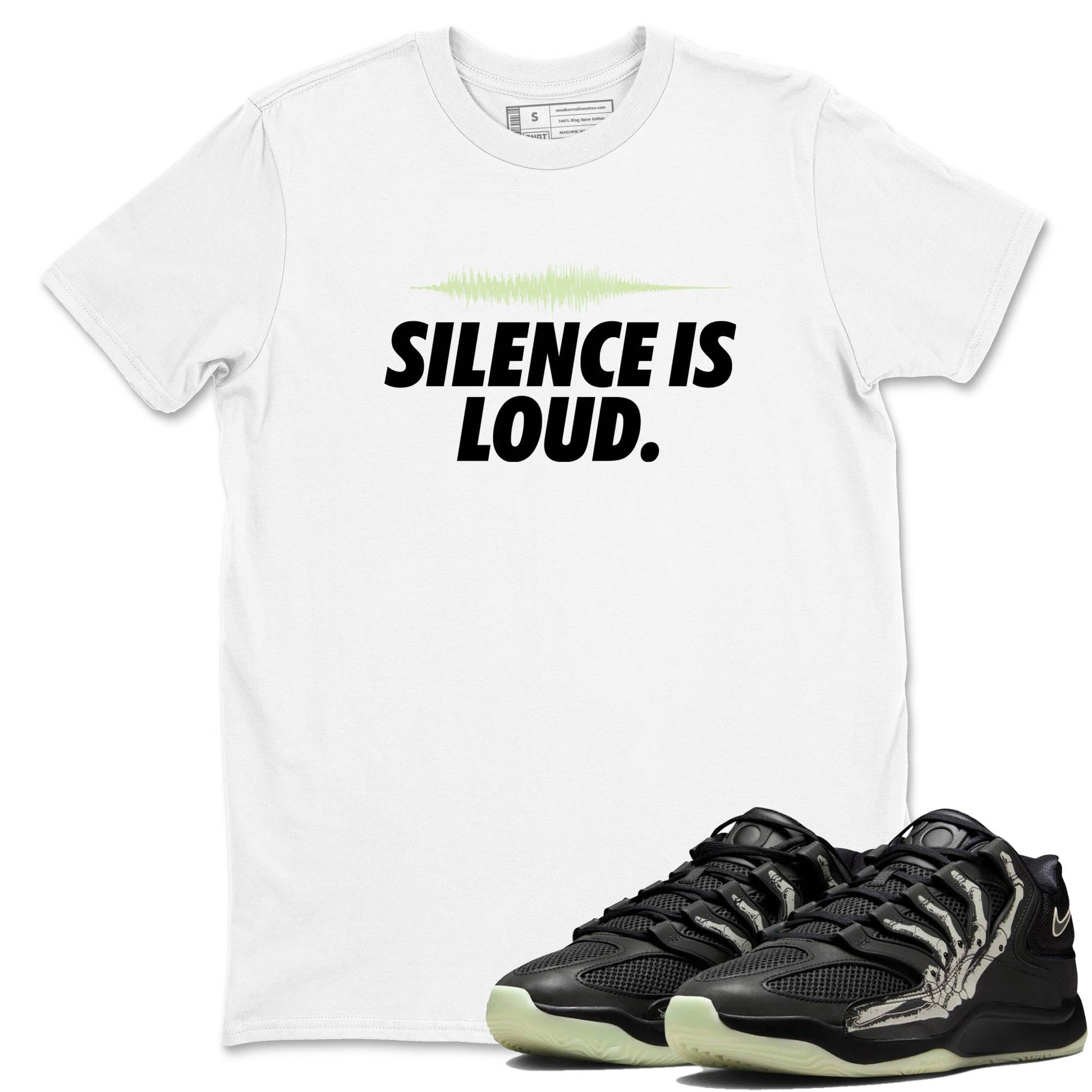 Sneaker Threads – Sneaker Tees To Match Nike KD 18 Halloween – Silence is Loud Graphic Tee White 1. Perfect for Jordan releases 2025 colorways. Perfect for Kevin Durant sneaker releases and Halloween 2025 colorways.