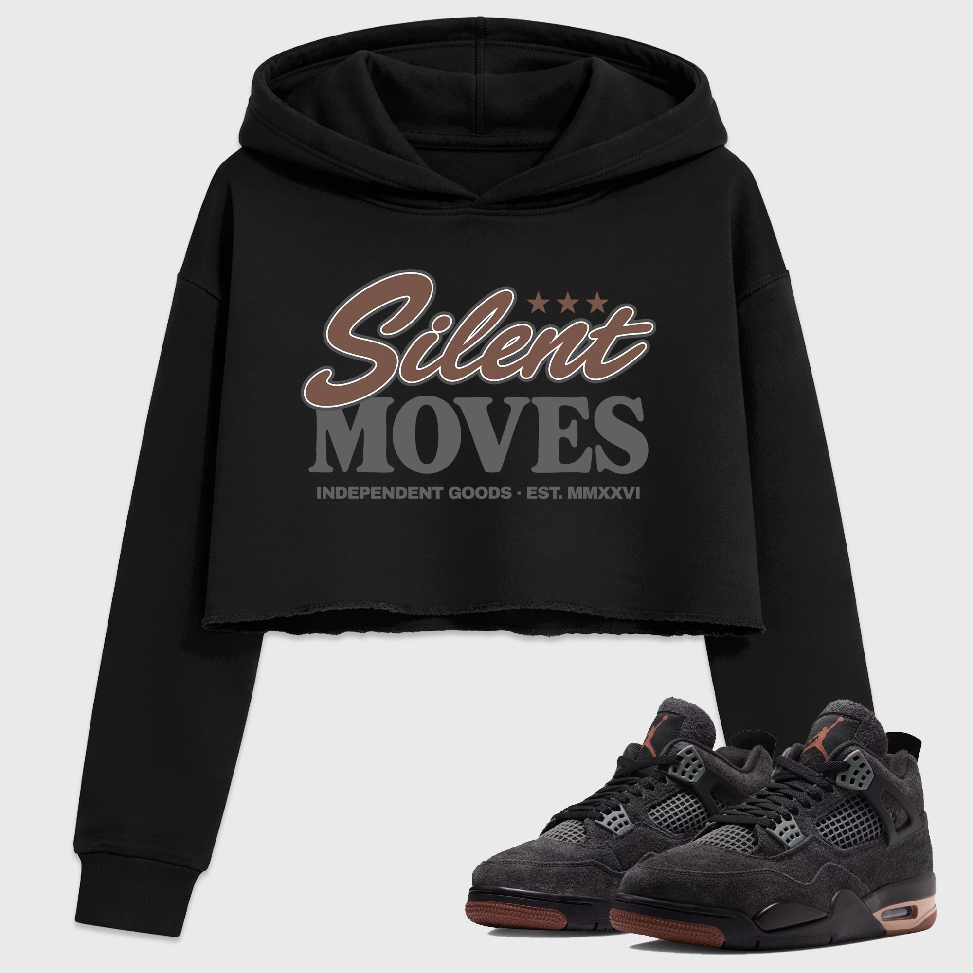 Silent Moves Women’s Graphic Crop Tee featuring original streetwear artwork designed to match the Air Jordan 4 London. Black 1 Crop Tee.