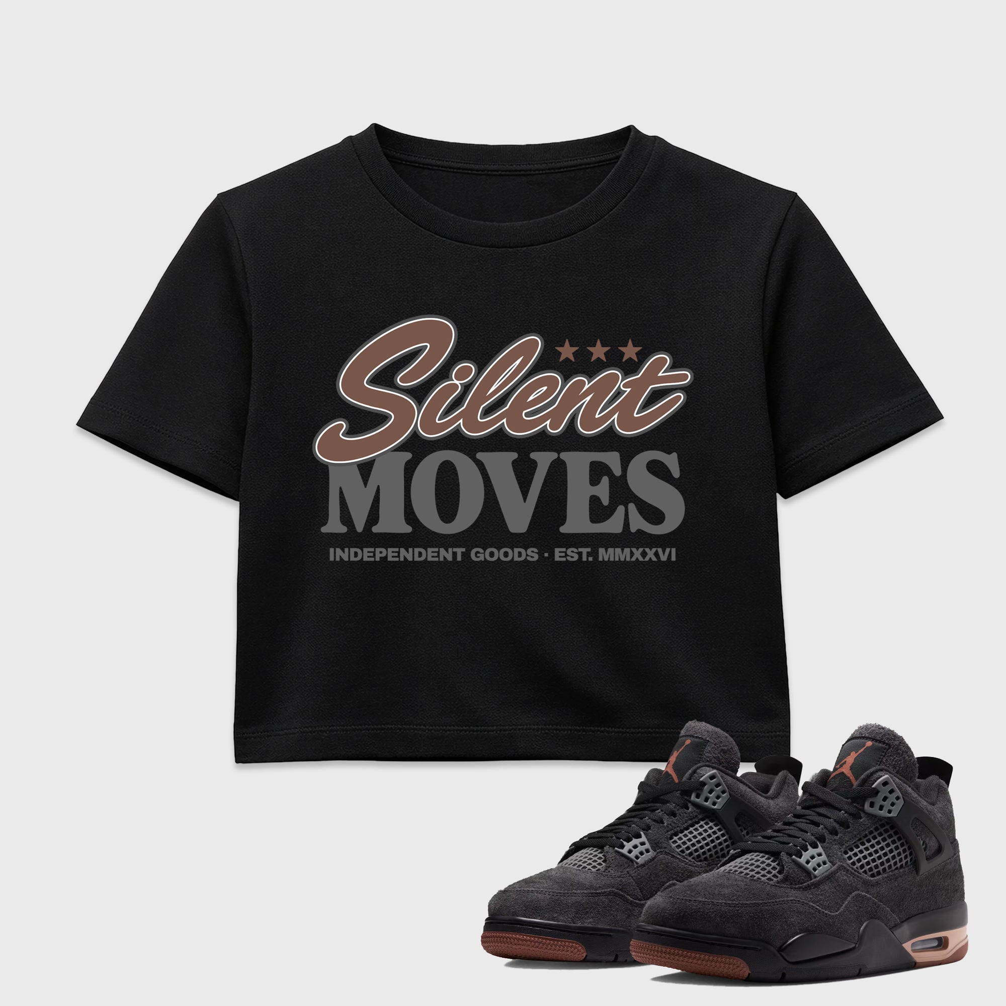 Silent Moves women’s crop tee designed to match the Air Jordan 4 London, featuring coordinated Black 1 options for a perfect streetwear vibe.