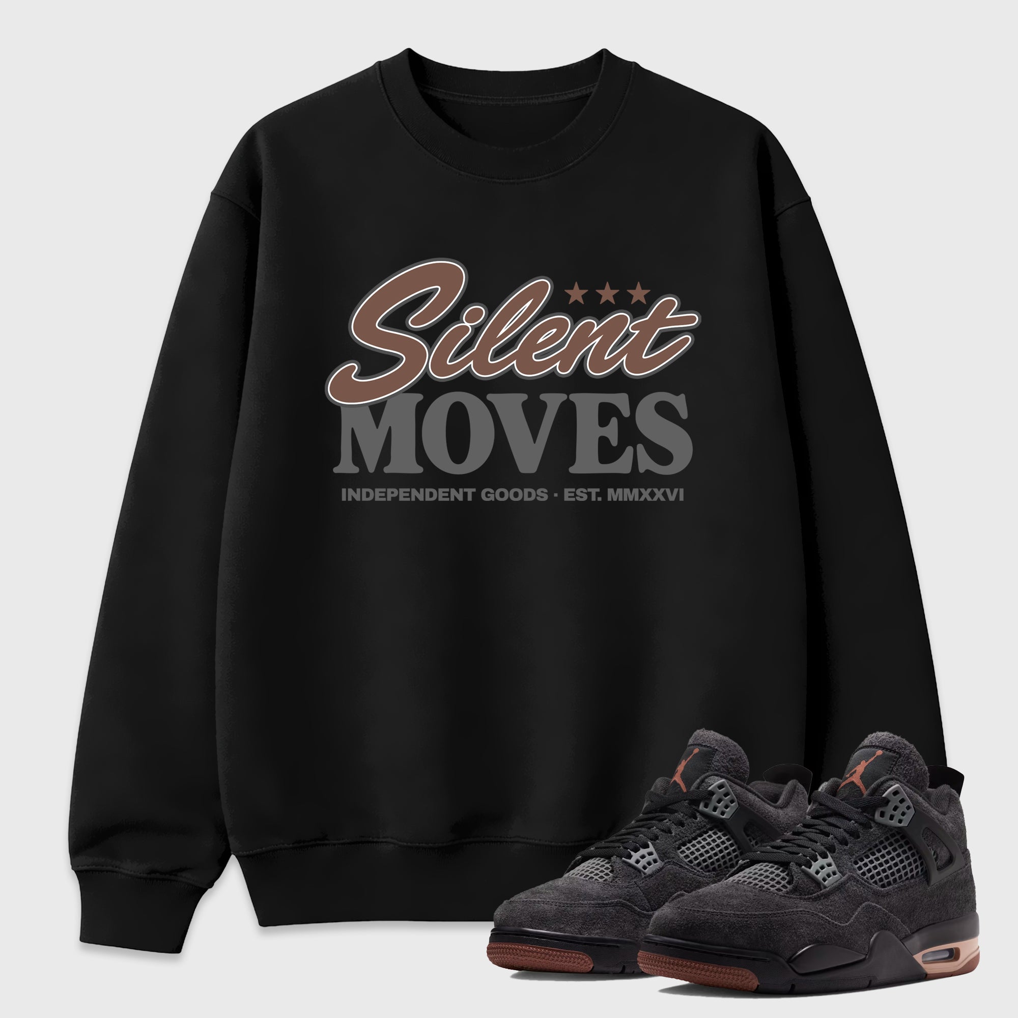 Silent Moves Graphic T-Shirt featuring original streetwear artwork designed to match the Air Jordan 4 London. Black 1 Graphic Tee.