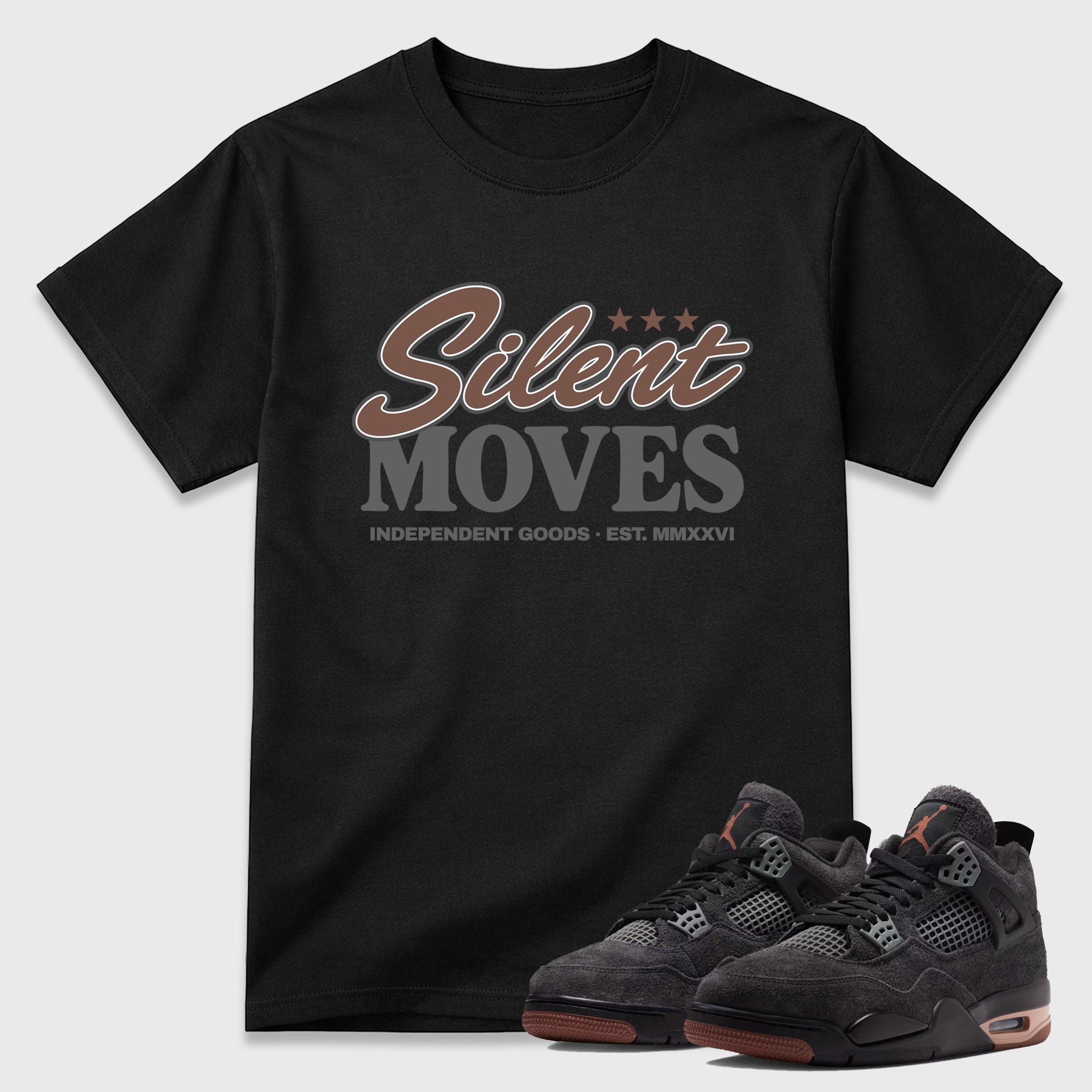 Silent Moves Graphic T-Shirt featuring original streetwear artwork designed to match the Air Jordan 4 London. Black 1 Graphic T-Shirt.