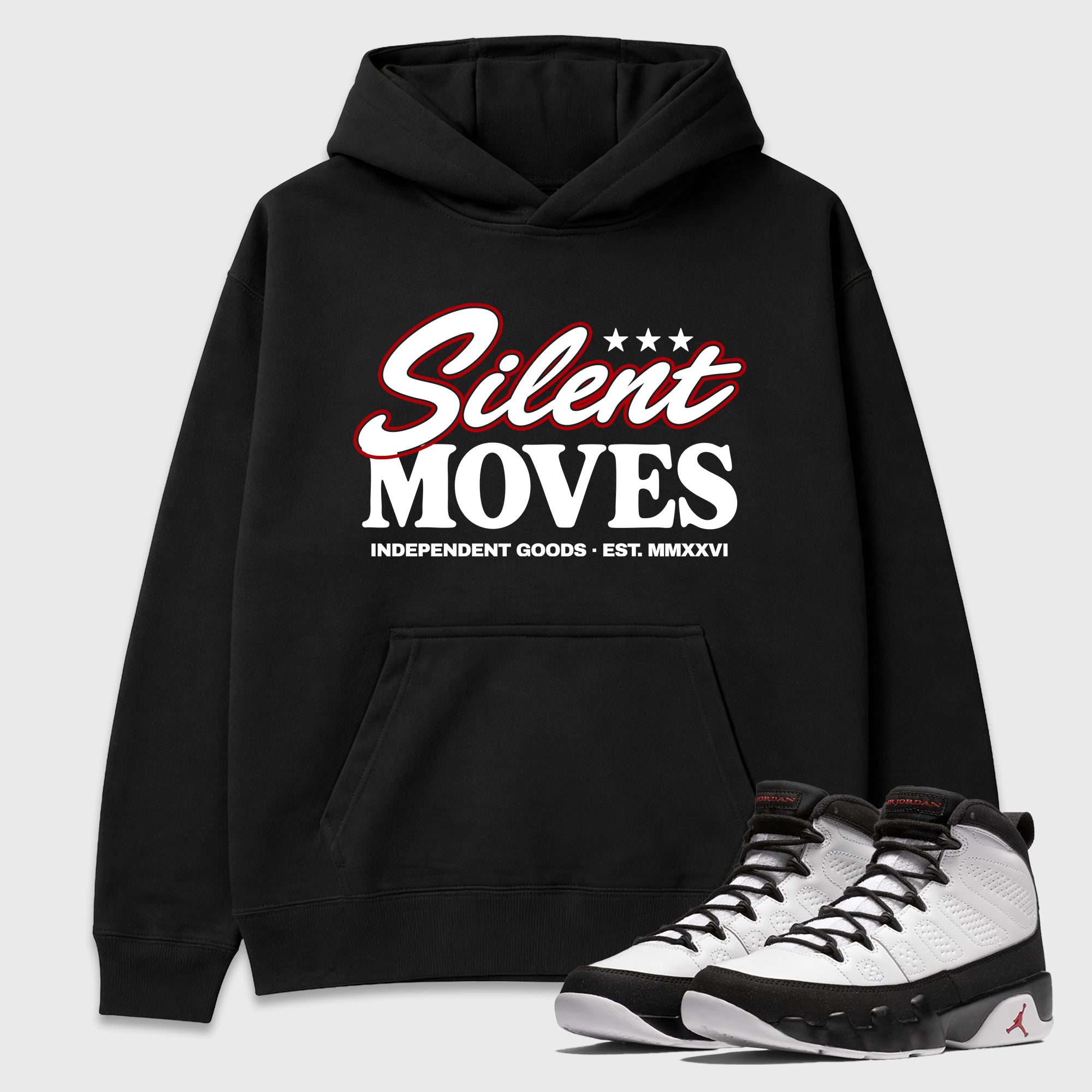 Silent Moves Graphic T-Shirt featuring original streetwear artwork designed to match the Air Jordan 9 True Red. Black 1 Graphic Tee.