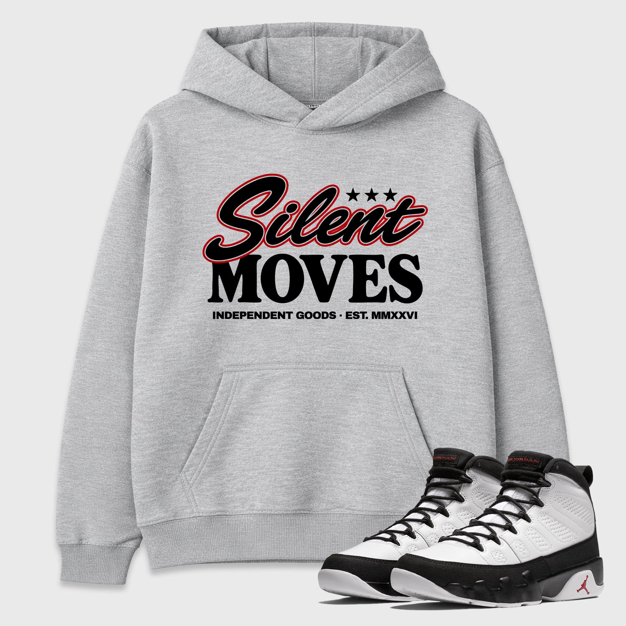 Silent Moves Graphic T-Shirt featuring original streetwear artwork designed to match the Air Jordan 9 True Red. Heather Grey 1 Graphic Tee.