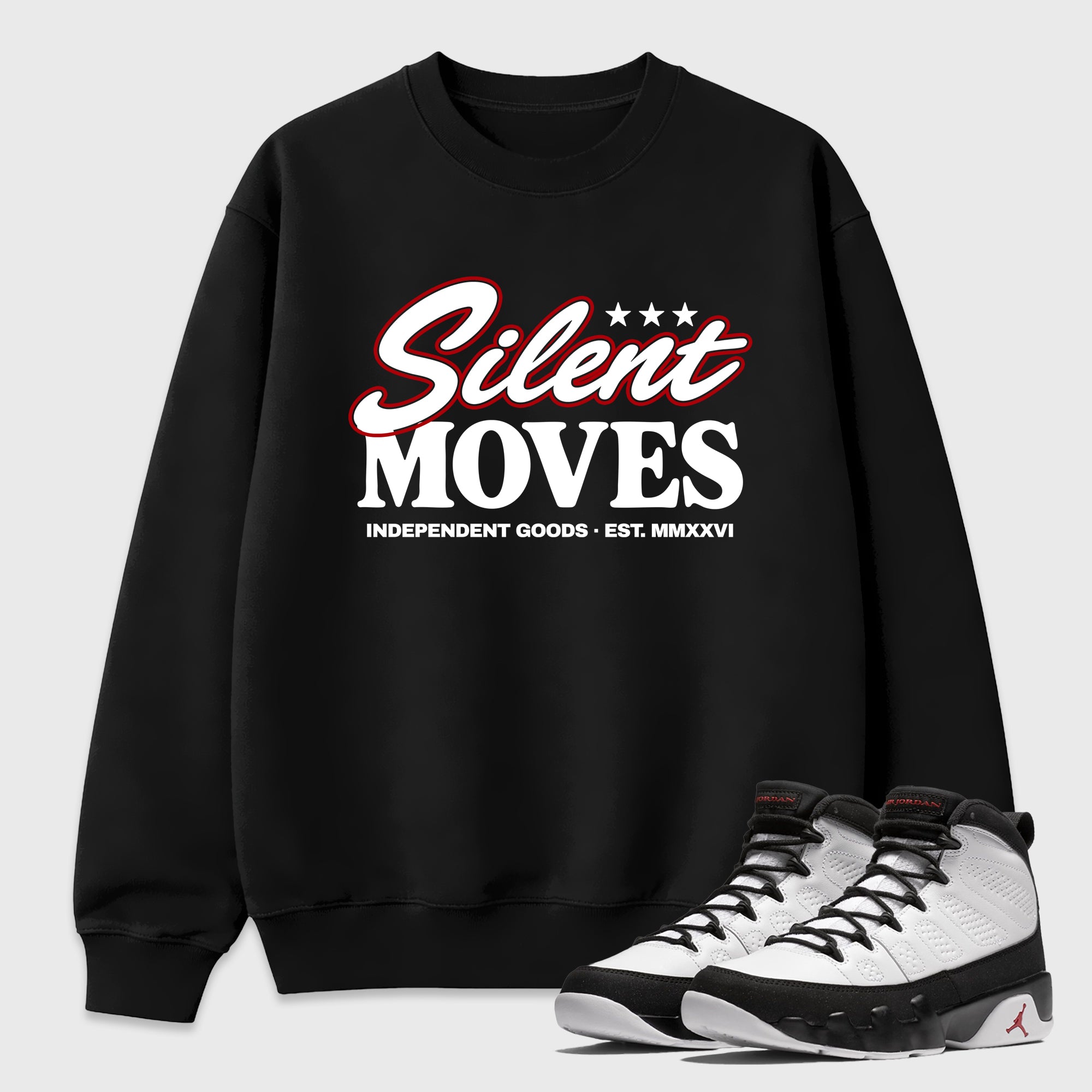 Silent Moves Graphic T-Shirt featuring original streetwear artwork designed to match the Air Jordan 9 True Red. Black 1 Graphic Tee.
