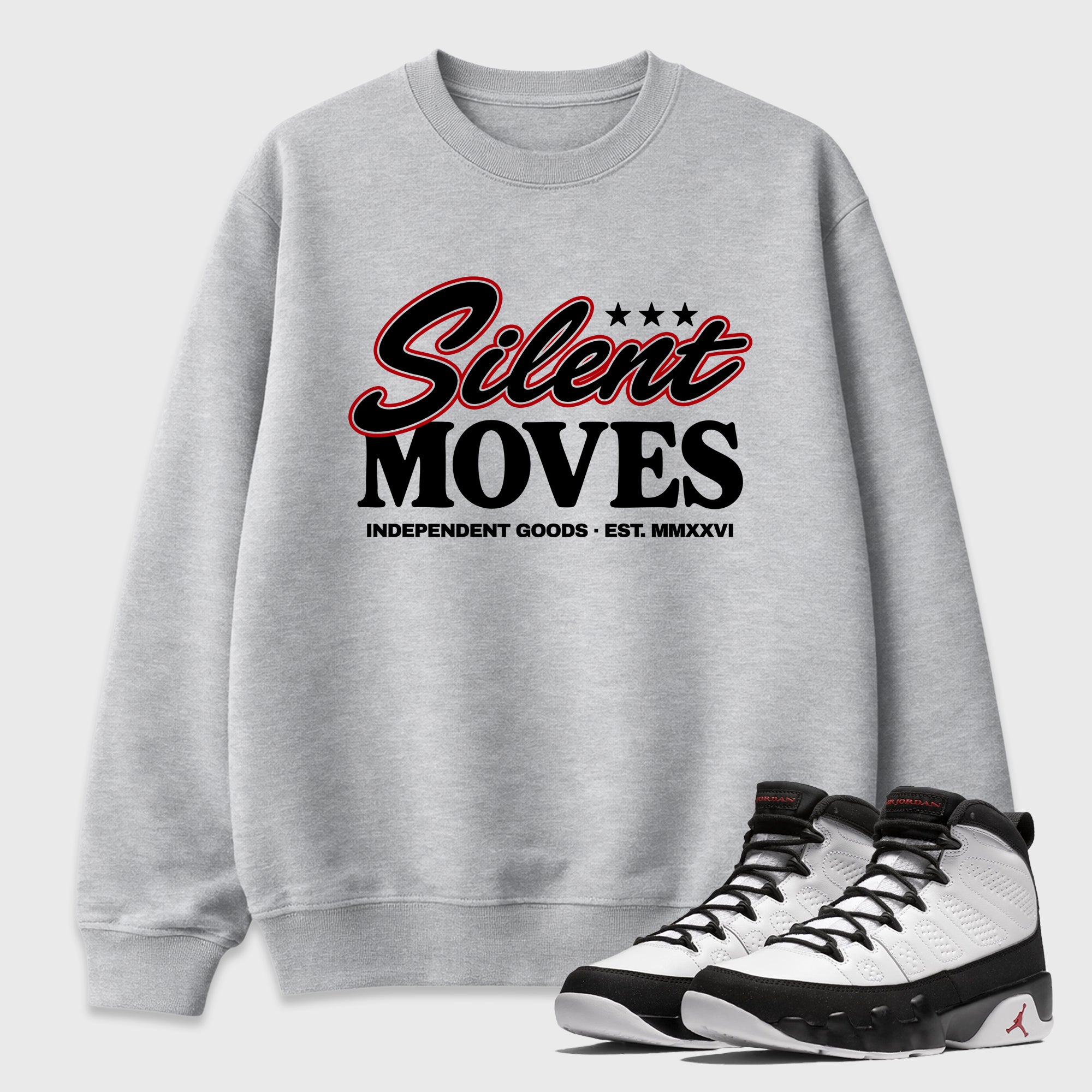 Silent Moves Graphic T-Shirt featuring original streetwear artwork designed to match the Air Jordan 9 True Red. Heather Grey 1 Graphic Tee.
