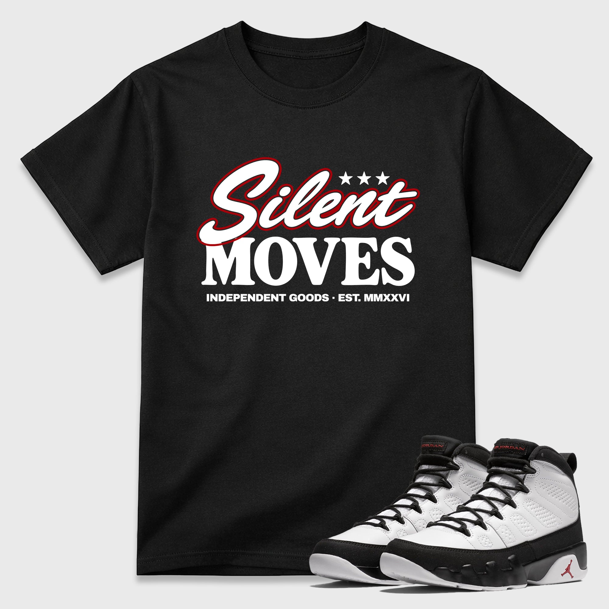Silent Moves Graphic T-Shirt featuring original streetwear artwork designed to match the Air Jordan 9 True Red. Black 1 Graphic T-Shirt.