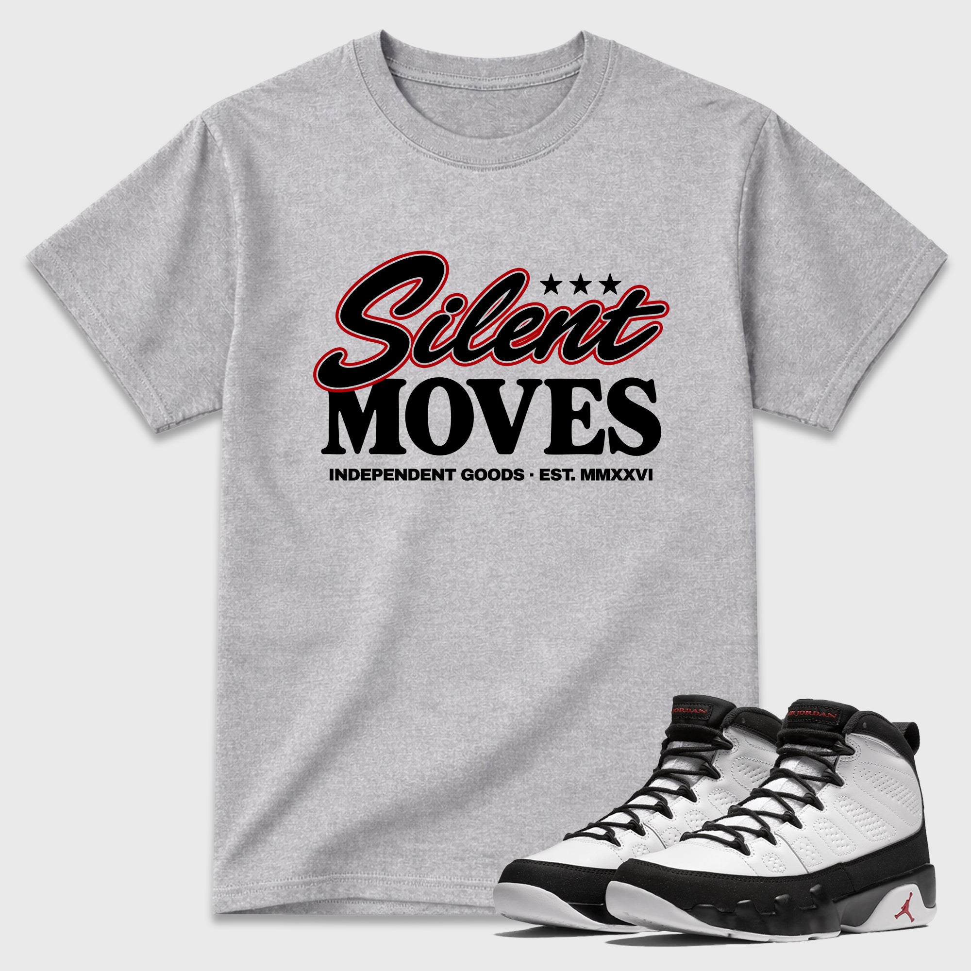 Silent Moves Graphic T-Shirt featuring original streetwear artwork designed to match the Air Jordan 9 True Red. Heather Grey 1 Graphic T-Shirt.